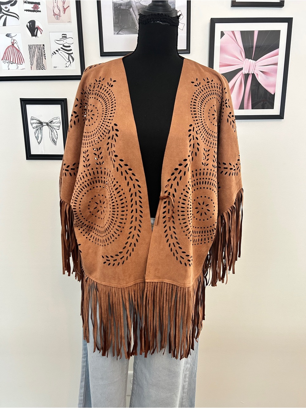 Fringed Suede-Look Open Cardigan - Camel